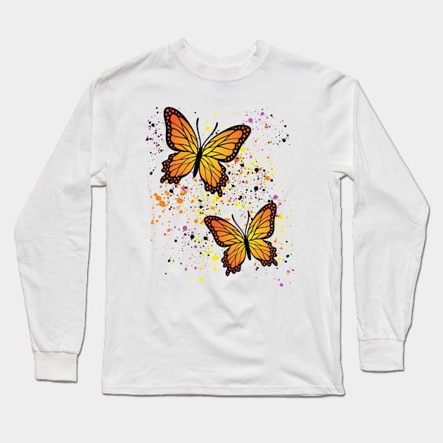 Beautiful Butterflies with Colorful Splatters Long Sleeve T-Shirt by Designs by Darrin